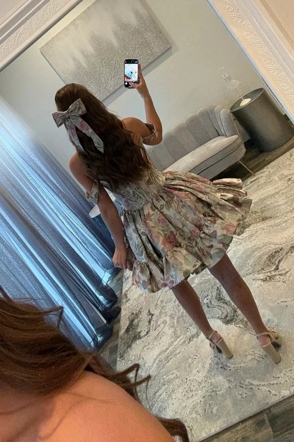 Elegant Off-Shoulder Pink Floral Brocade Homecoming Dress with Ruffled Skirt AS019