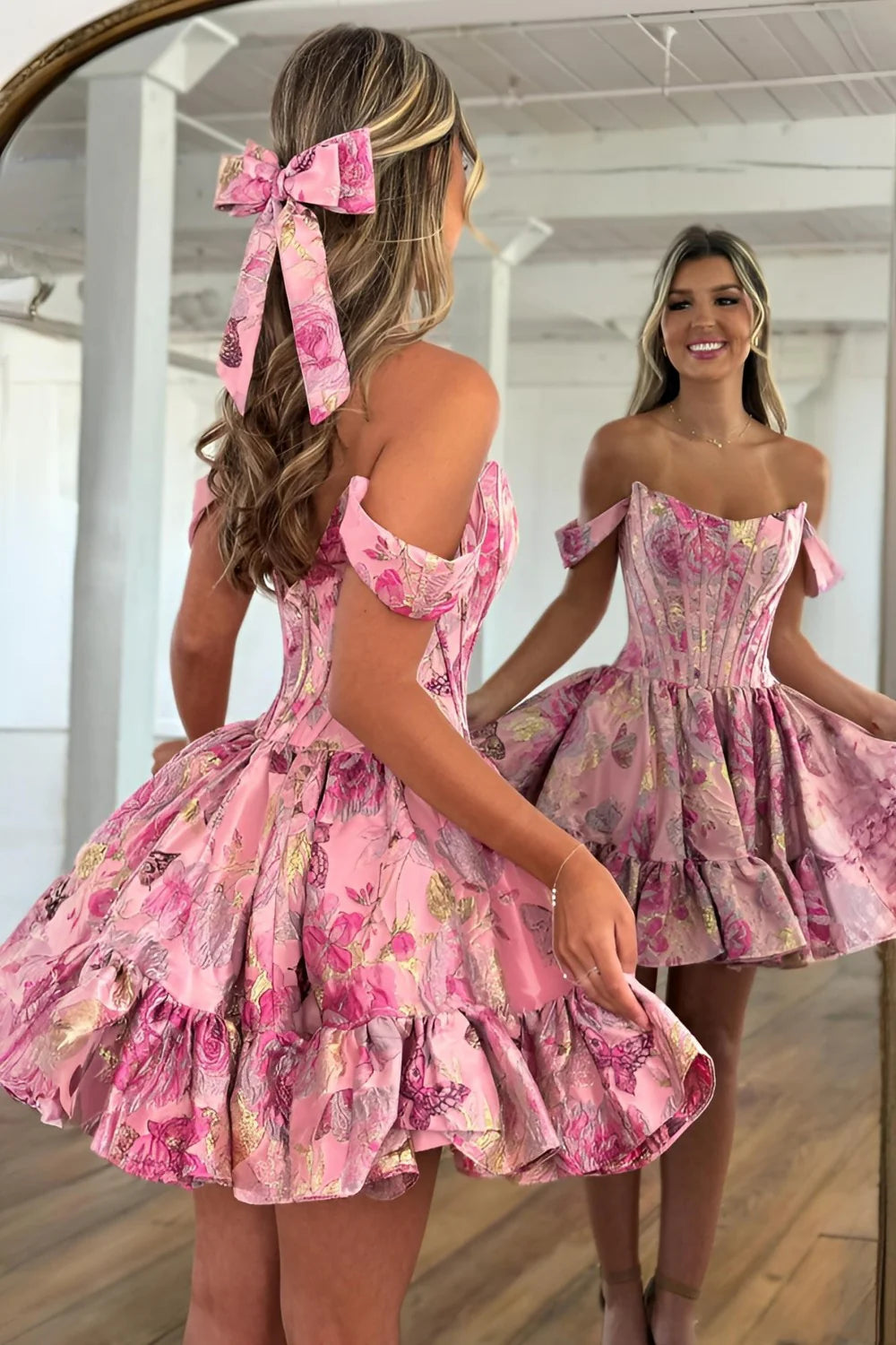 Elegant Off-Shoulder Pink Floral Brocade Homecoming Dress with Ruffled Skirt AS019