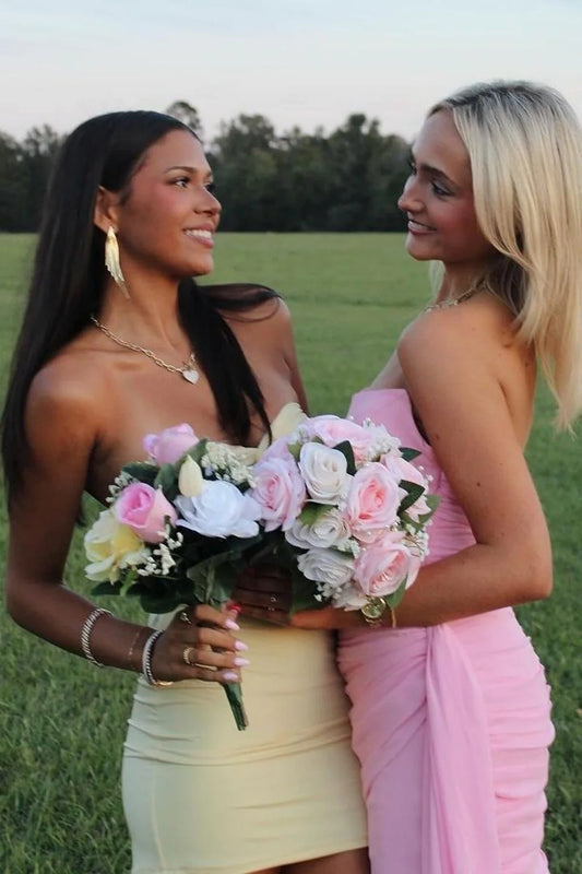 Elegant Strapless Yellow Ruched Bodycon Homecoming Dress with Cutout Detail AS020