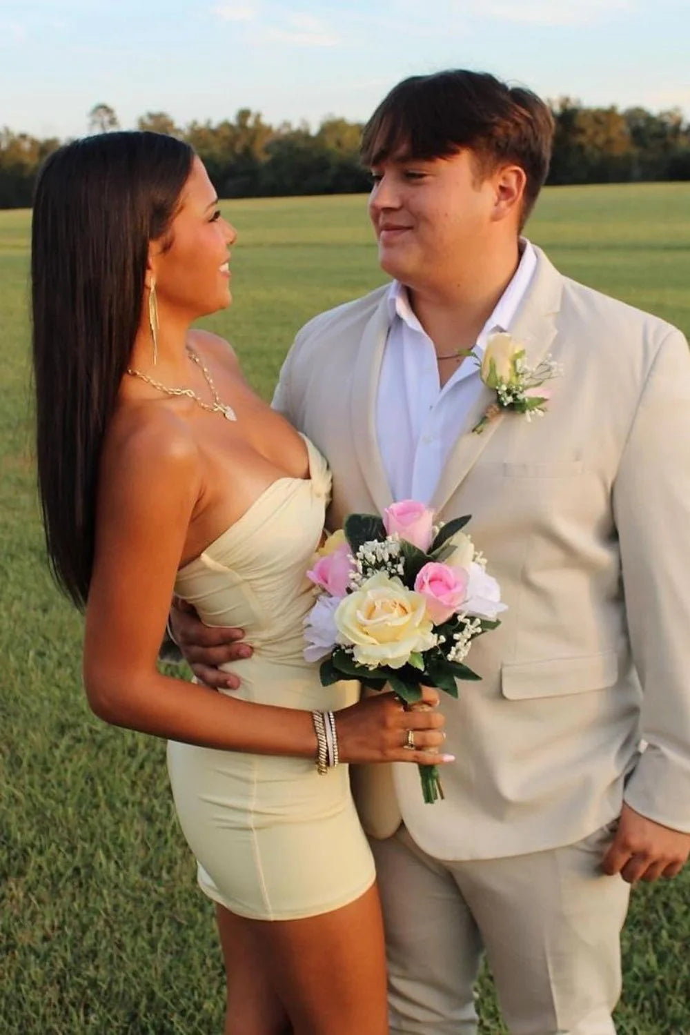 Elegant Strapless Yellow Ruched Bodycon Homecoming Dress with Cutout Detail AS020