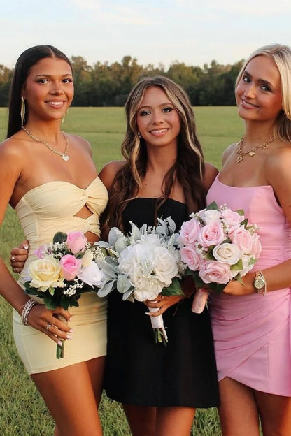 Elegant Strapless Yellow Ruched Bodycon Homecoming Dress with Cutout Detail AS020