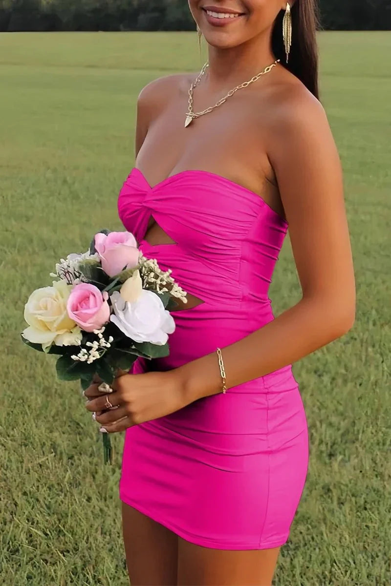 Elegant Strapless Yellow Ruched Bodycon Homecoming Dress with Cutout Detail AS020