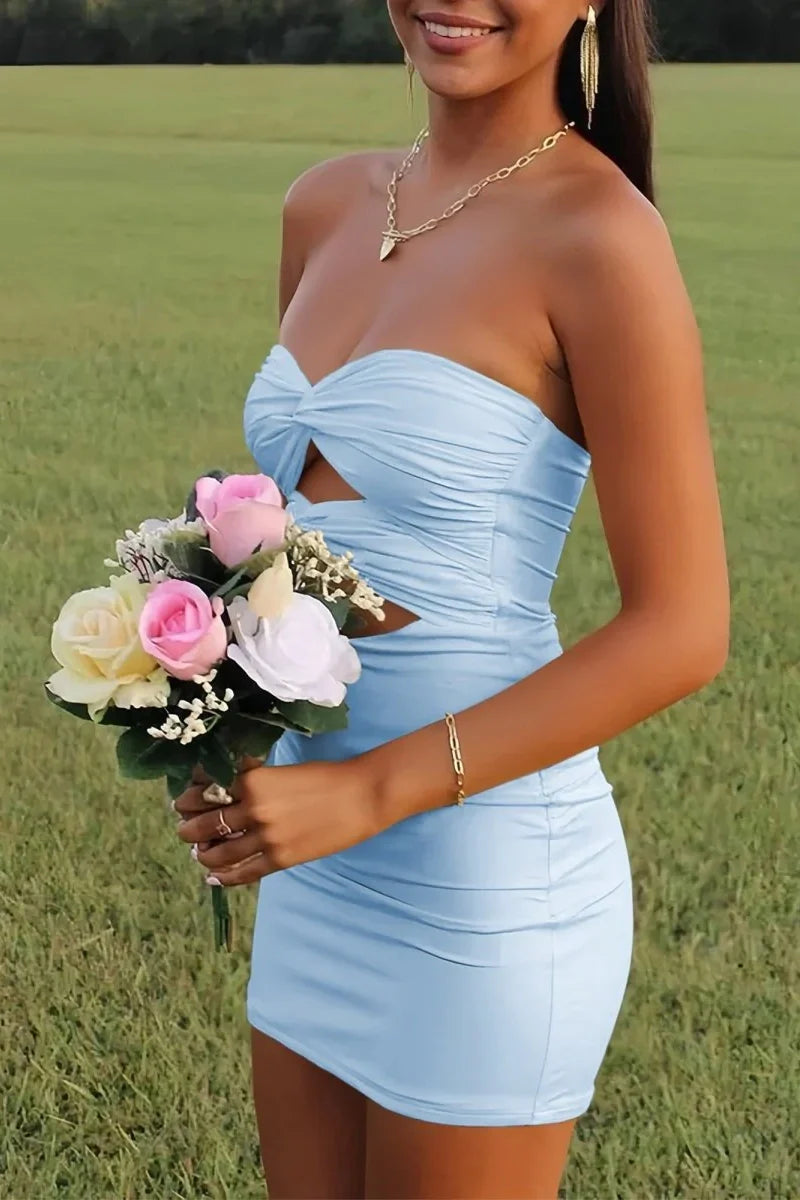 Elegant Strapless Yellow Ruched Bodycon Homecoming Dress with Cutout Detail AS020