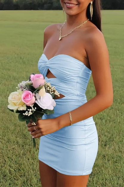 Elegant Strapless Yellow Ruched Bodycon Homecoming Dress with Cutout Detail AS020