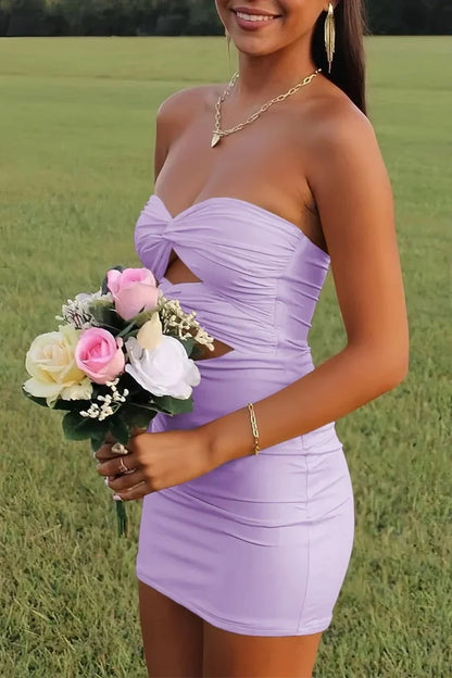 Elegant Strapless Yellow Ruched Bodycon Homecoming Dress with Cutout Detail AS020