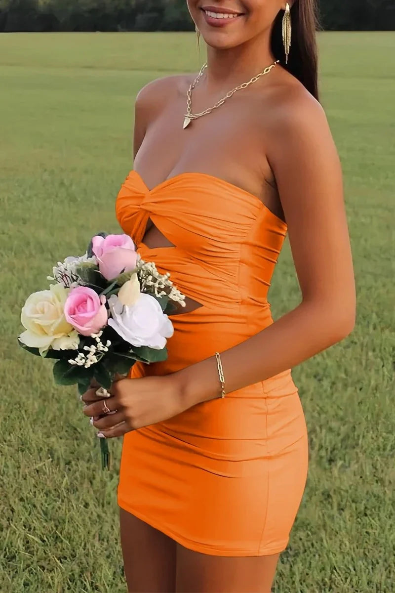 Elegant Strapless Yellow Ruched Bodycon Homecoming Dress with Cutout Detail AS020