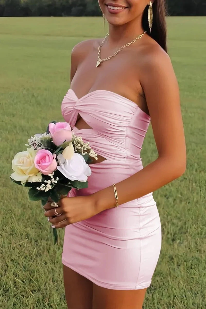 Elegant Strapless Yellow Ruched Bodycon Homecoming Dress with Cutout Detail AS020