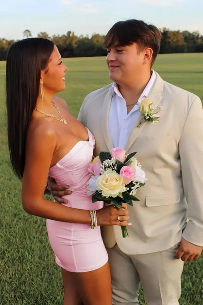 Elegant Strapless Yellow Ruched Bodycon Homecoming Dress with Cutout Detail AS020