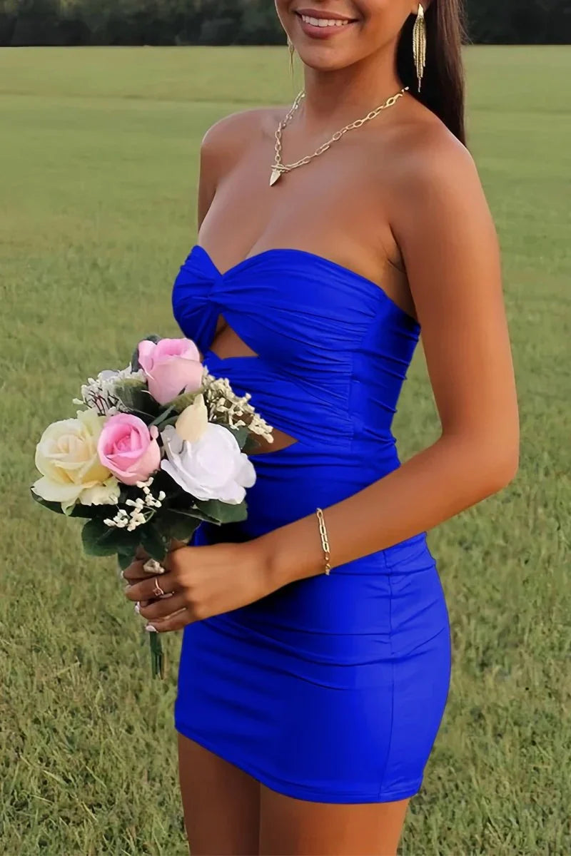 Elegant Strapless Yellow Ruched Bodycon Homecoming Dress with Cutout Detail AS020