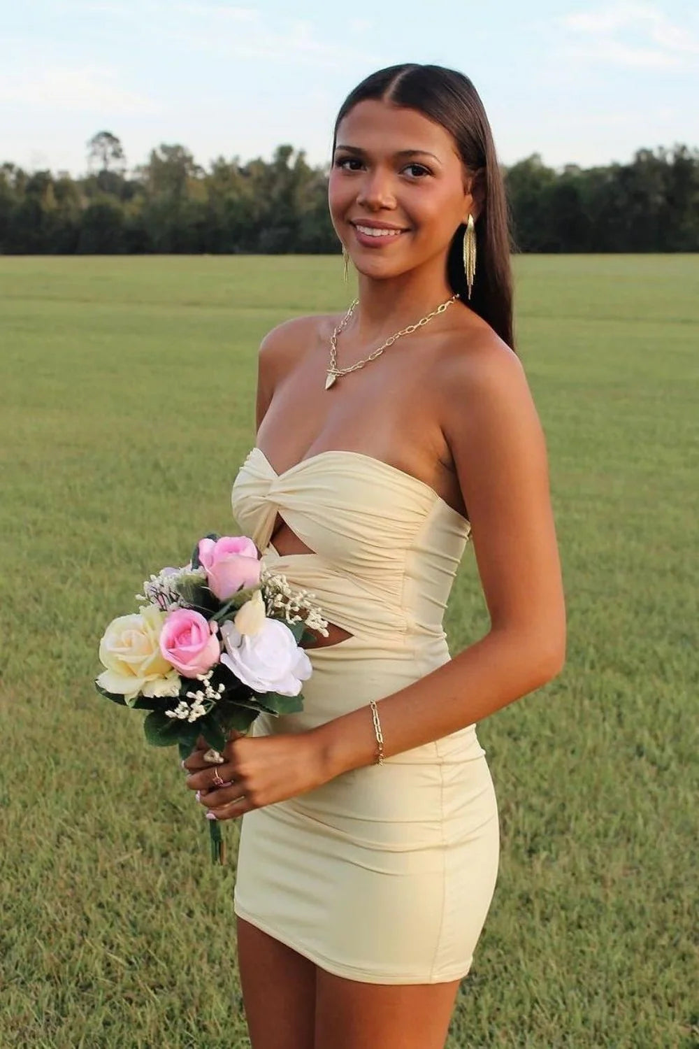 Elegant Strapless Yellow Ruched Bodycon Homecoming Dress with Cutout Detail AS020