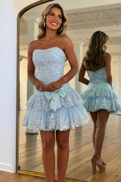 Fairy-like Glitter Pink A-Line Strapless Low Waist Short Sequin Homecoming Dress AS022