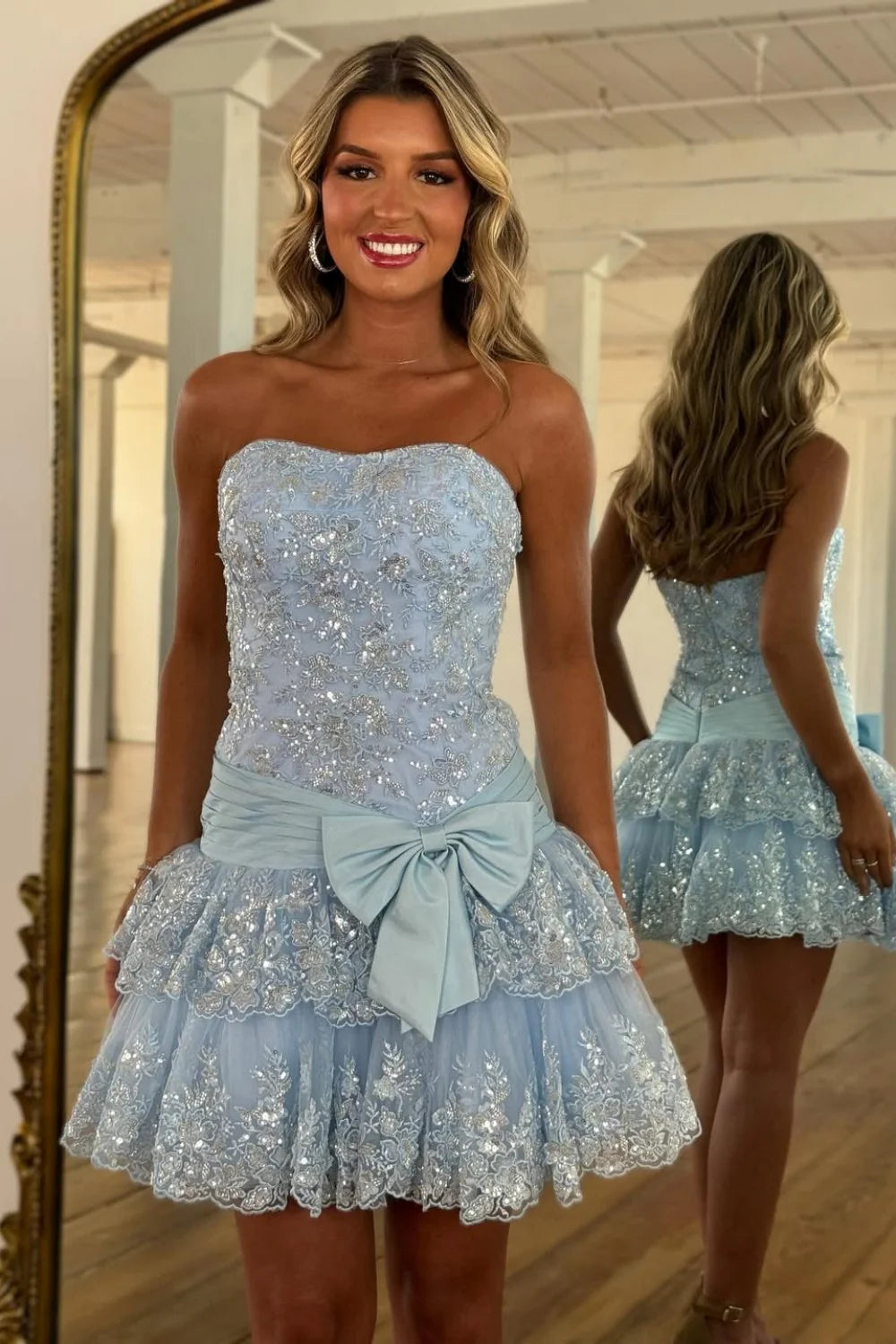 Fairy-like Glitter Pink A-Line Strapless Low Waist Short Sequin Homecoming Dress AS022