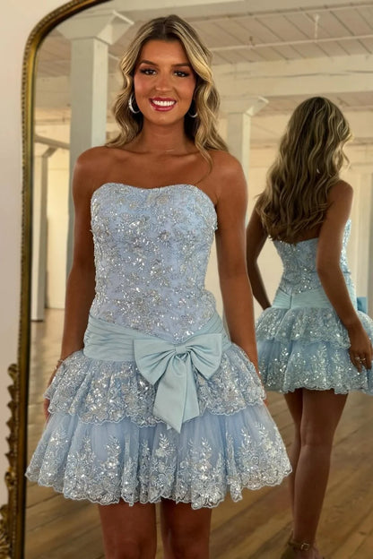 Fairy-like Glitter Pink A-Line Strapless Low Waist Short Sequin Homecoming Dress AS022