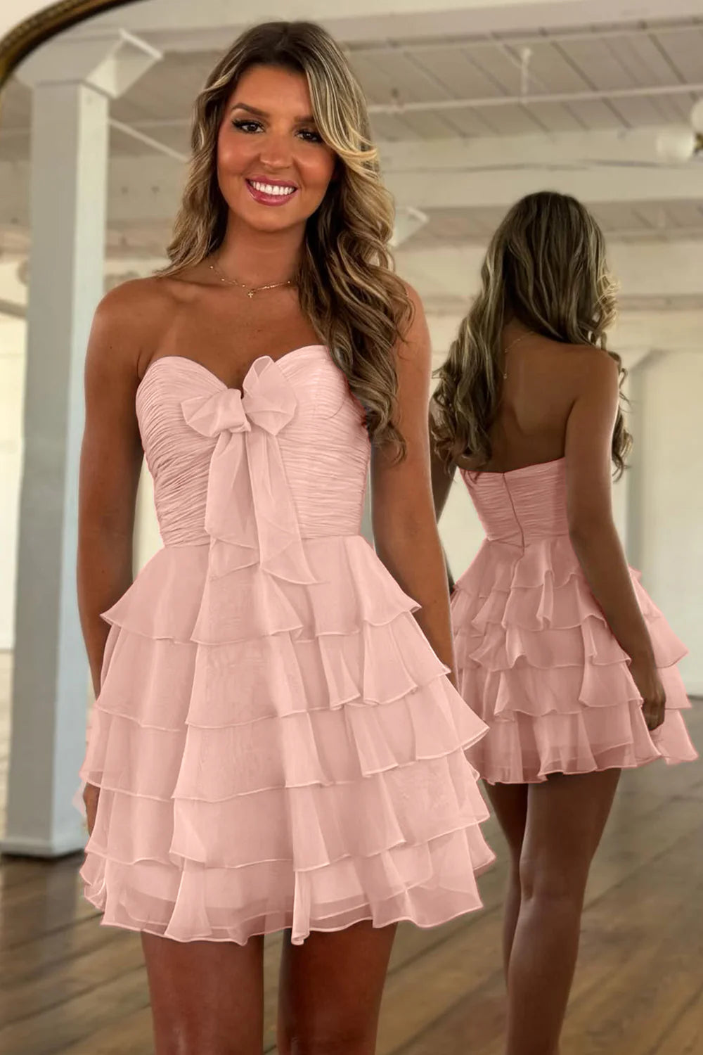 Cute A-Line Sweetheart Short Tiered Chiffon Homecoming Dress with Bowknot AS032