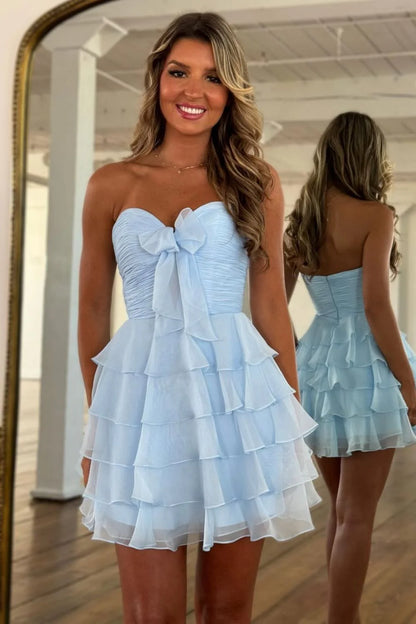 Cute A-Line Sweetheart Short Tiered Chiffon Homecoming Dress with Bowknot AS032