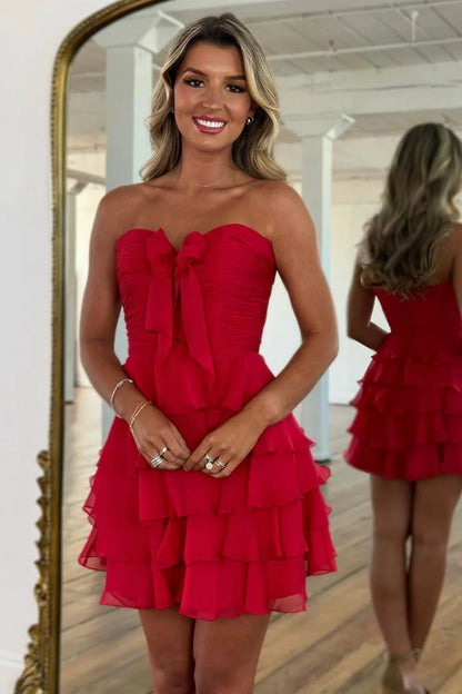 Cute A-Line Sweetheart Short Tiered Chiffon Homecoming Dress with Bowknot AS032