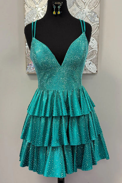 Stunning A-Line Double Spaghetti Straps Lace Up Layered Beaded Homecoming Dress AS033