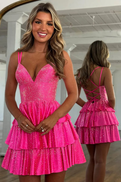 Stunning A-Line Double Spaghetti Straps Lace Up Layered Beaded Homecoming Dress AS033