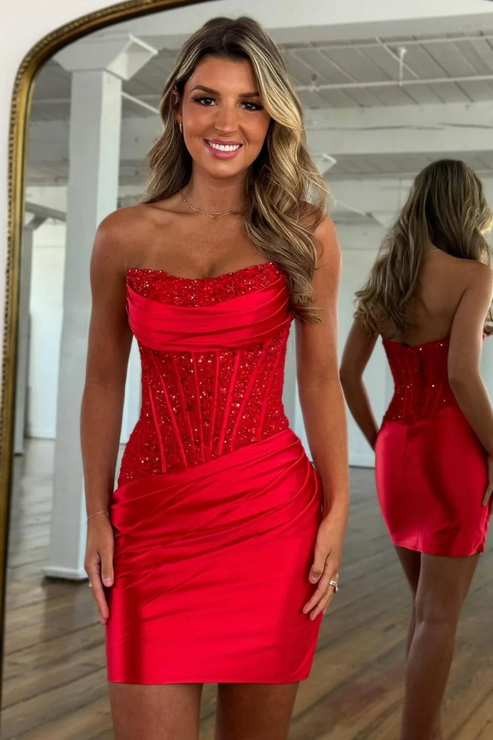 Glamorous Strapless Mini Homecoming Dress with Beaded Corset and Draped Skirt AS036