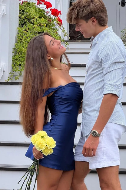 Chic Off-Shoulder Coral Pink Bodycon Short Satin Homecoming Dress AS037