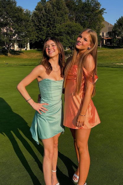 Chic Off-Shoulder Coral Pink Bodycon Short Satin Homecoming Dress AS037