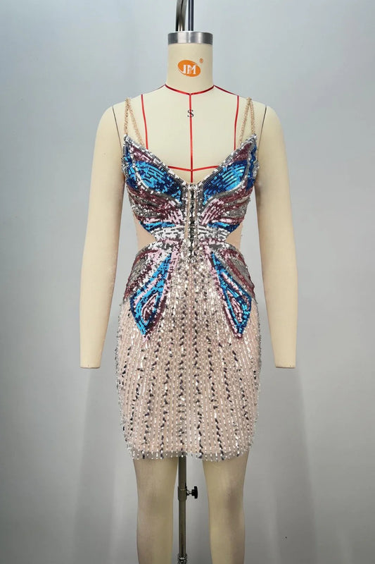 Glittering Butterfly Rhinestone Bodycon Homecoming Dress with Cutout Sides AS039