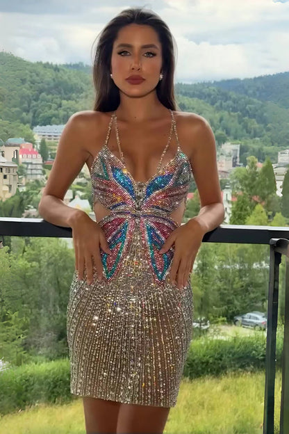 Glittering Butterfly Rhinestone Bodycon Homecoming Dress with Cutout Sides AS039