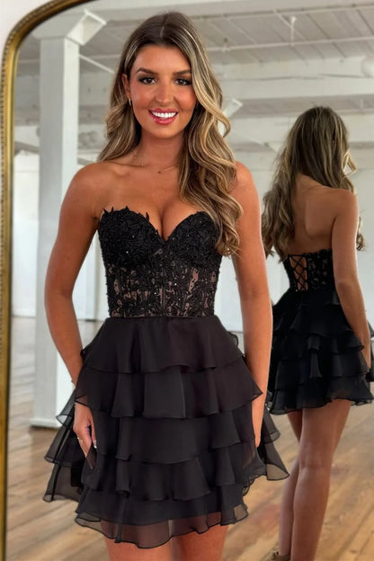 Charming A-Line Sweetheart Lace Top Short Tiered Chiffon Homecoming Dress AS040