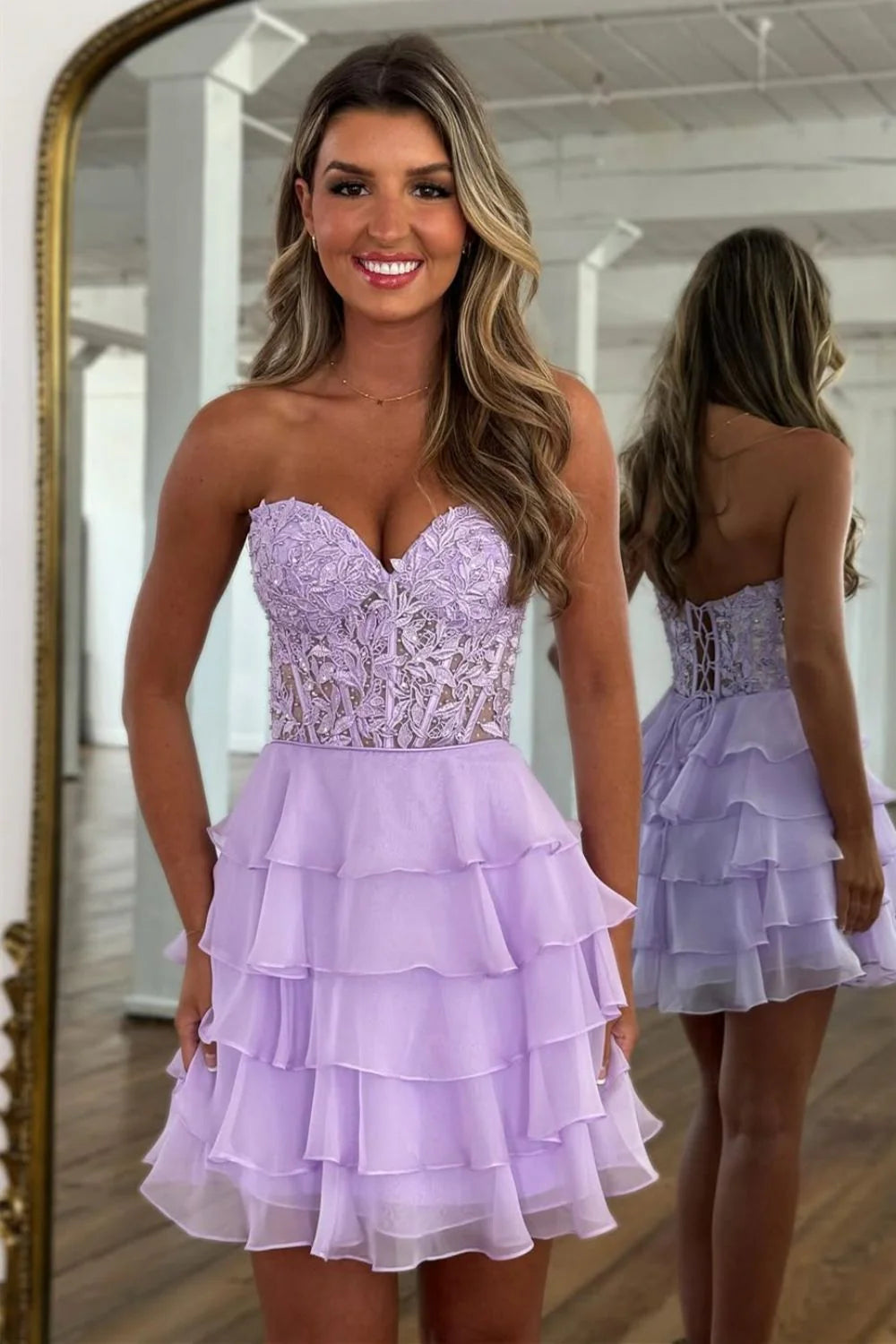 Charming A-Line Sweetheart Lace Top Short Tiered Chiffon Homecoming Dress AS040