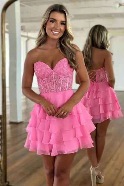 Charming A-Line Sweetheart Lace Top Short Tiered Chiffon Homecoming Dress AS040