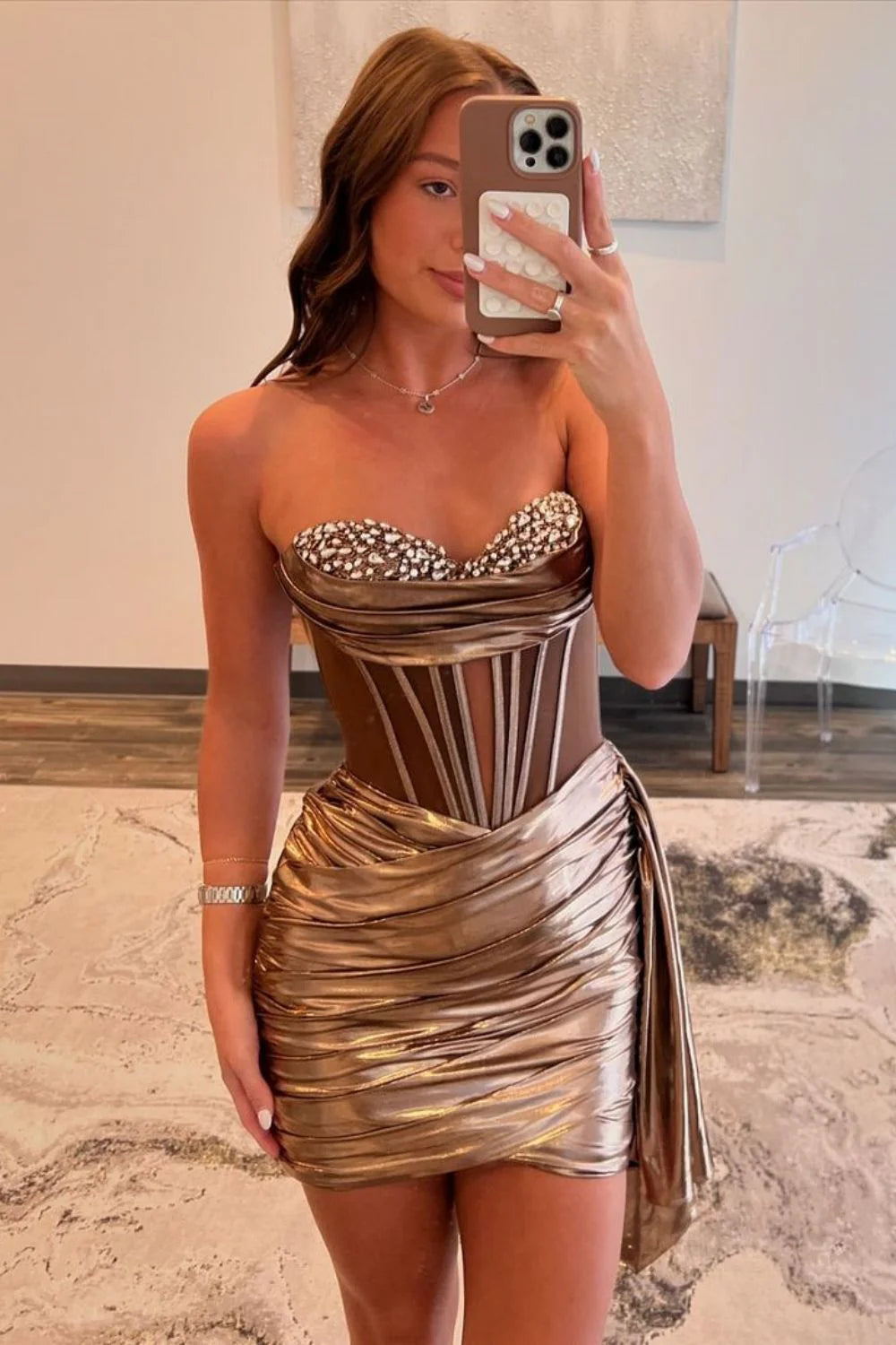 Stylish Gold Sweetheart Bodycon Short Metallic Dress with Beading Homecoming Dress AS041