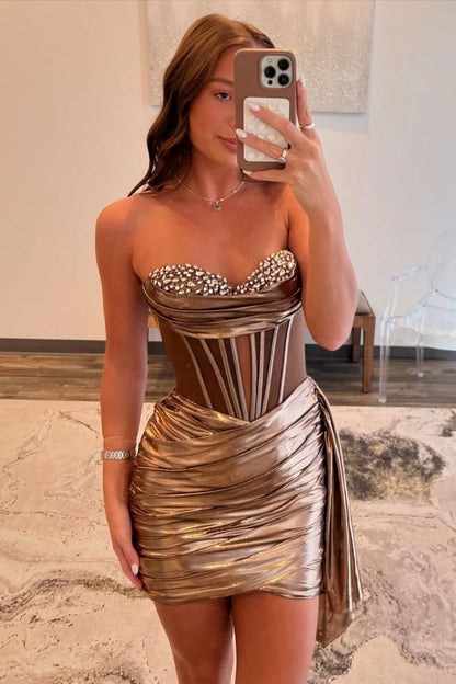 Stylish Gold Sweetheart Bodycon Short Metallic Dress with Beading Homecoming Dress AS041