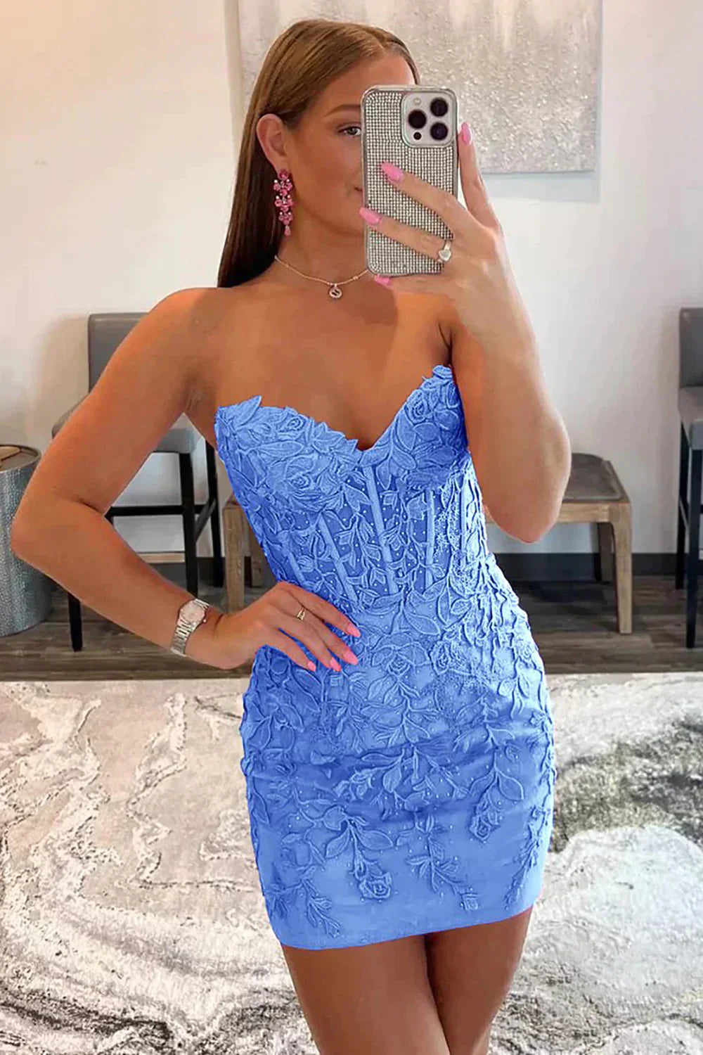 Short Lace-Up Homecoming Dress with Sweetheart Neckline and Appliques AS042