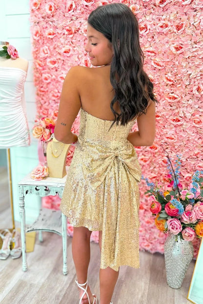 Gold Strapless Sequin Mini Homecoming Dress with Back Bow Detail AS046