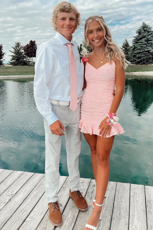 Light Pink Bodycon Ruched V-Neck Mini Homecoming Dress with Ruffled Hem AS047