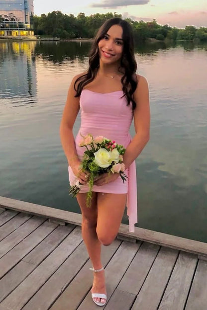 Elegant Ruched Strapless Chiffon Homecoming Dress with Asymmetrical Detail AS048