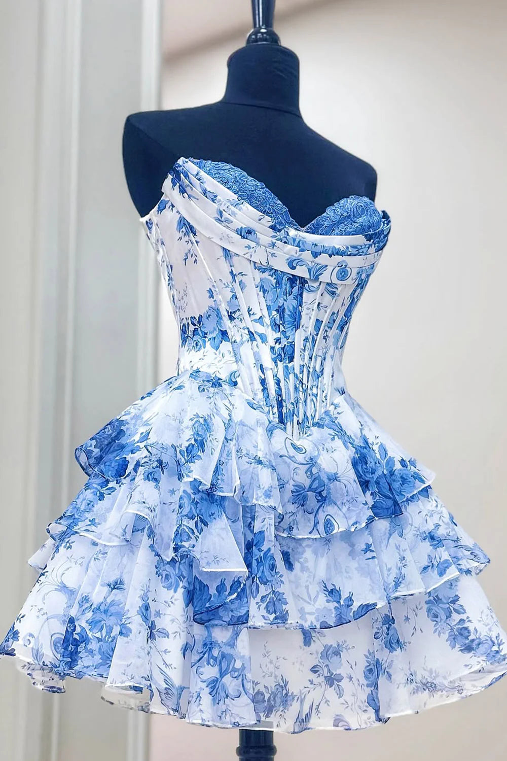 A-Line Sweetheart Floral Print Layered Short Homecoming Dress AS049