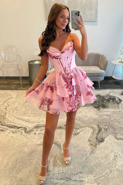 A-Line Sweetheart Floral Print Layered Short Homecoming Dress AS049
