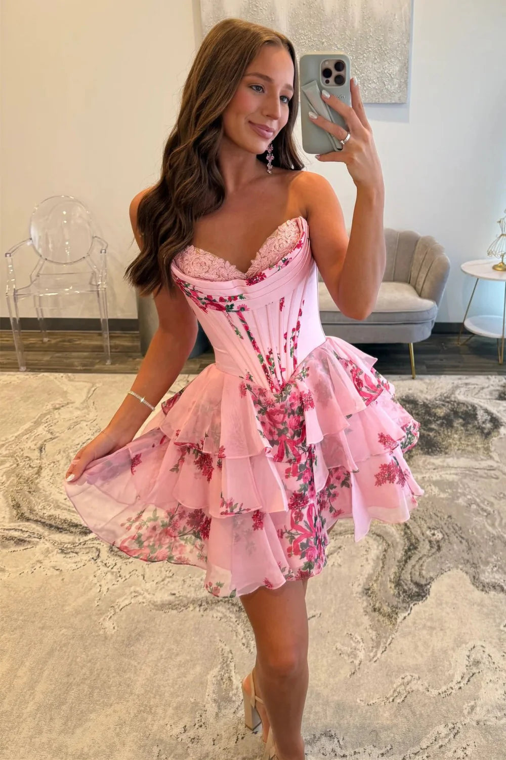 A-Line Sweetheart Floral Print Layered Short Homecoming Dress AS049