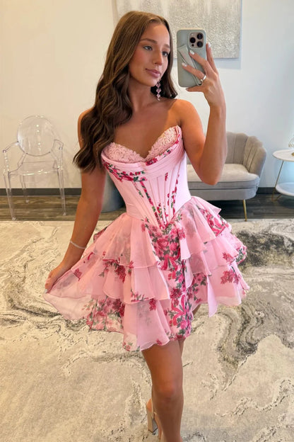 A-Line Sweetheart Floral Print Layered Short Homecoming Dress AS049