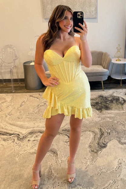 Sparkling Short Tight Homecoming Dress with Ruffle Hem and Sweetheart Neckline AS050