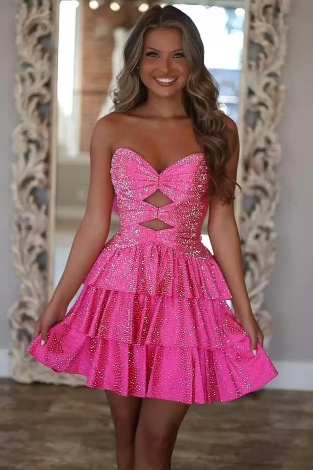 Gorgeous A-Line Sweetheart Lace Up Short Tiered Beaded Homecoming Dress AS052