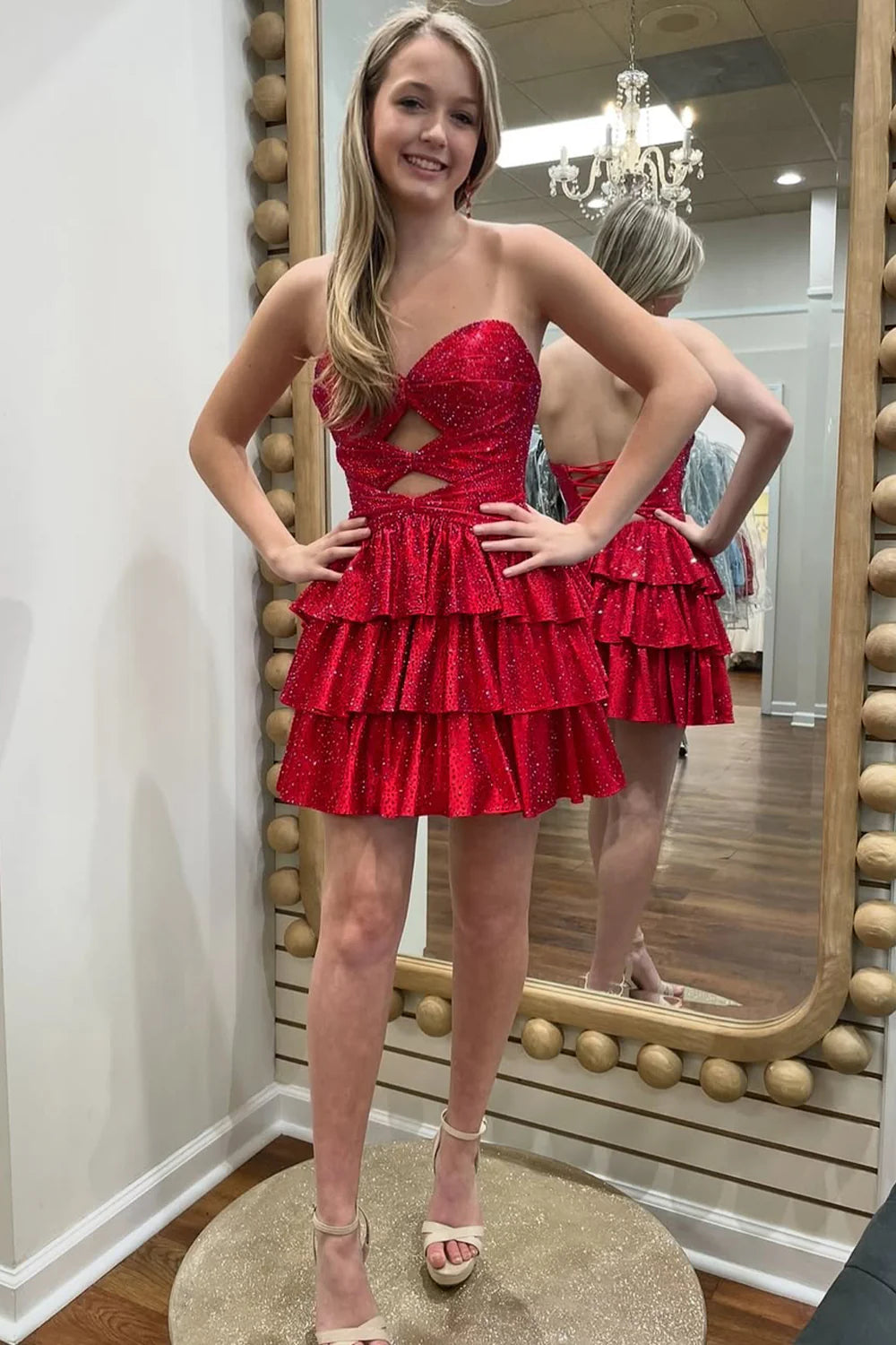 Gorgeous A-Line Sweetheart Lace Up Short Tiered Beaded Homecoming Dress AS052
