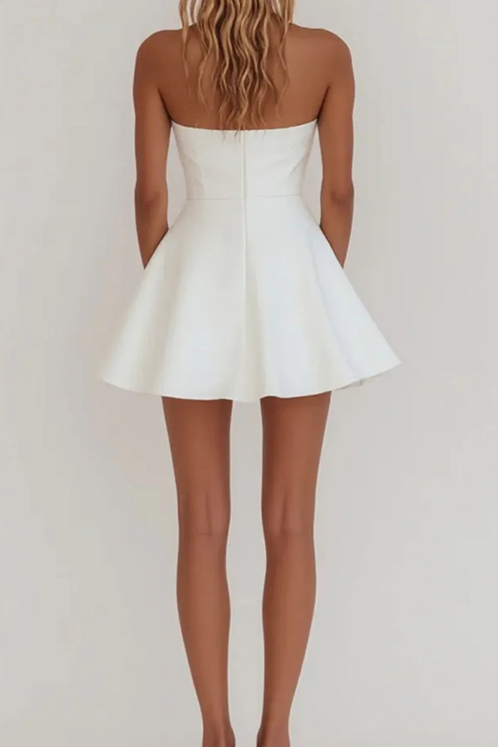 Simple A-Line Strapless Zipper Back Mini Satin White Graduation Dress AS054