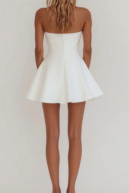 Simple A-Line Strapless Zipper Back Mini Satin White Graduation Dress AS054