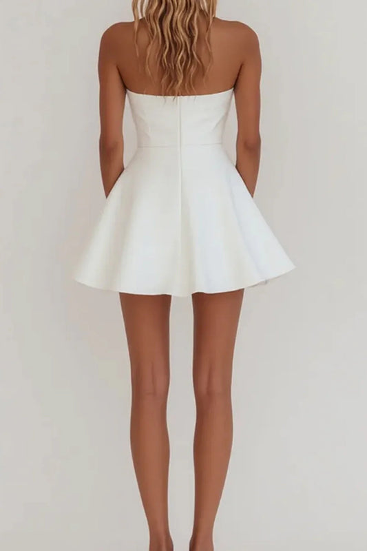 Simple A-Line Strapless Zipper Back Mini Satin White Graduation Dress AS054