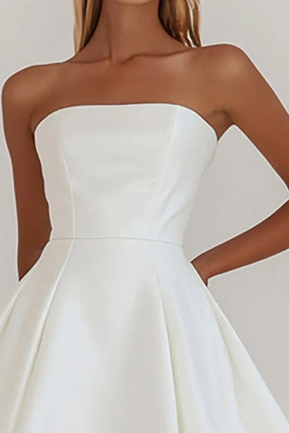 Simple A-Line Strapless Zipper Back Mini Satin White Graduation Dress AS054