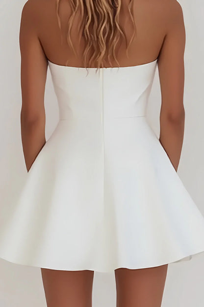 Simple A-Line Strapless Zipper Back Mini Satin White Graduation Dress AS054