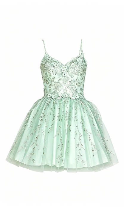 Cute Dusty Blue Lace Applique Spaghetti Straps Homecoming Dress A-Line Tulle Mini Gown AS056