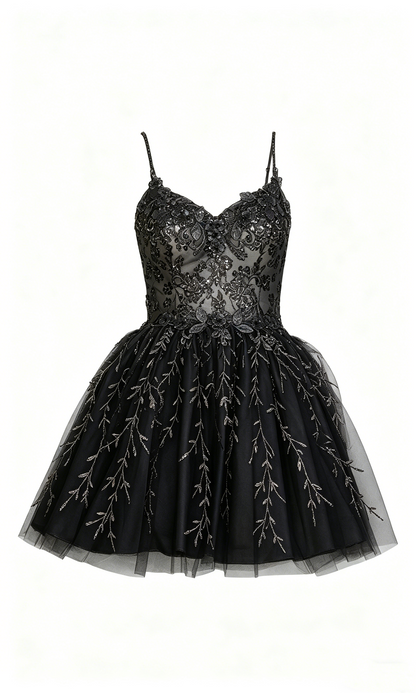 Cute Dusty Blue Lace Applique Spaghetti Straps Homecoming Dress A-Line Tulle Mini Gown AS056